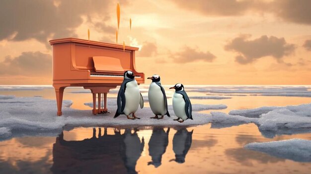 Tres pingüinos se paran en el hielo frente a un piano.