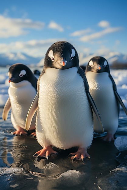 Foto três pinguins estão parados no gelo na água geradora de ia