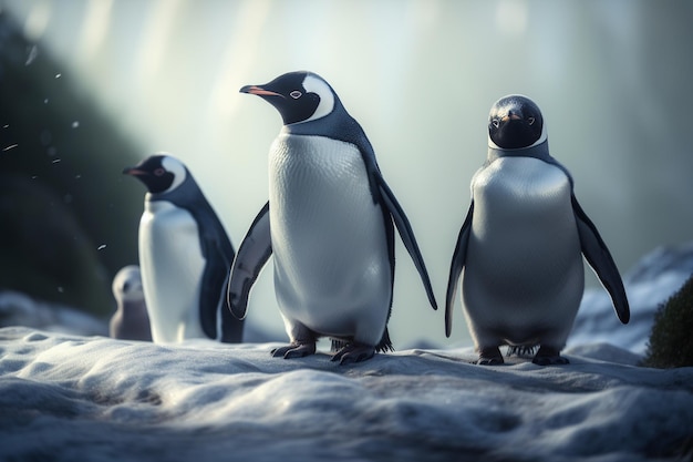 Três pinguins estão sobre uma rocha em frente a um fundo desfocado.