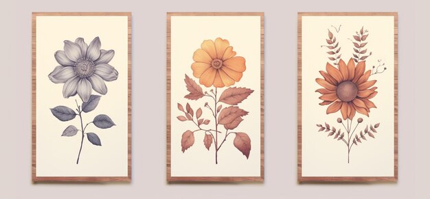 Foto tres pinturas de acuarela diferentes de flores y hojas en una pared generativa ai