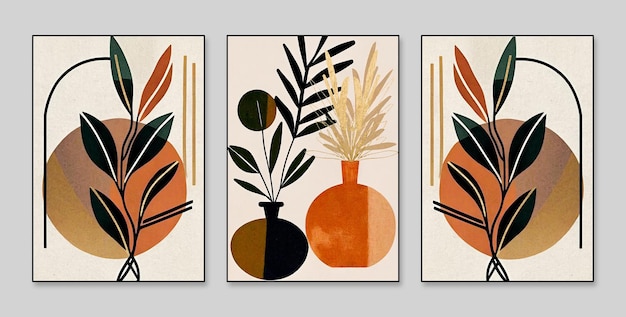 Três pinturas com formas e cores diferentes, uma das quais diz 'arte do mundo'