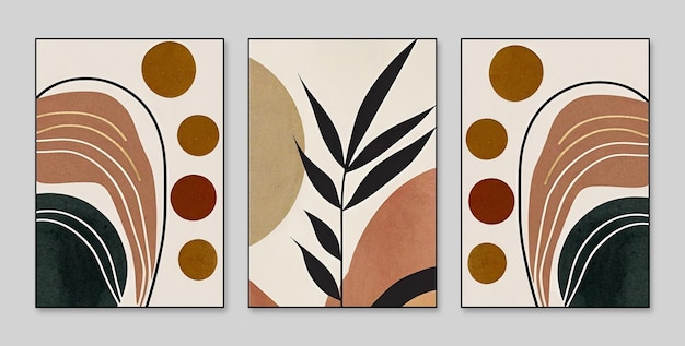 Três pinturas com formas e cores diferentes, uma das quais em preto e marrom.