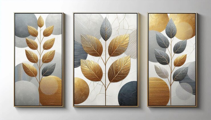 tres pinturas enmarcadas de hojas y ramas con hojas en ellas