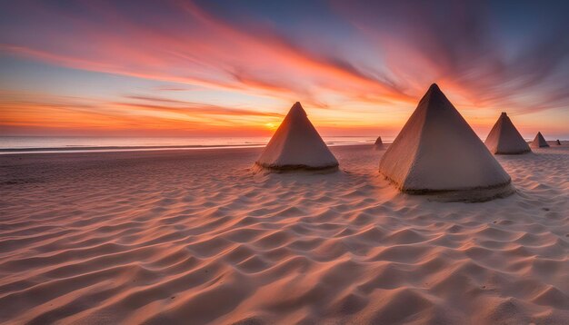 Três pirâmides estão na areia ao pôr-do-sol