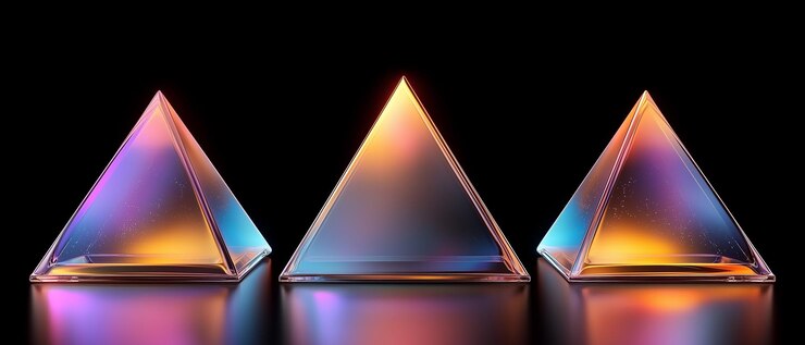 Foto tres pirámides de vidrio con coloridos reflejos gradientes