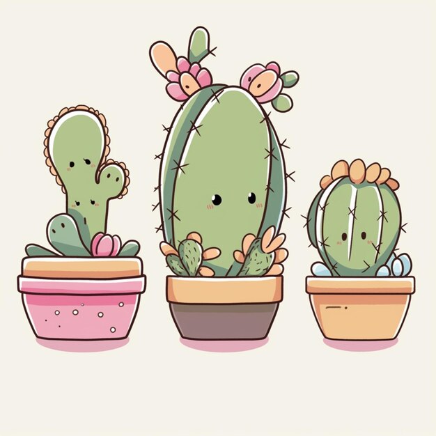 Foto tres plantas de cactus con caras en macetas con un arco en la parte superior ai generativa