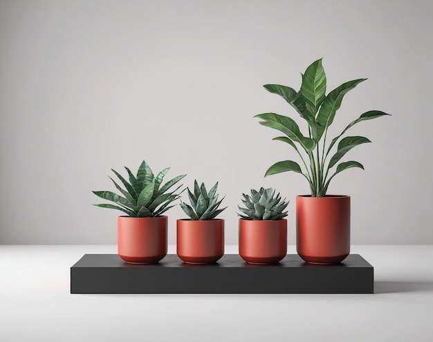 três plantas em vaso em um suporte preto