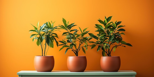 Três plantas em vaso em uma mesa contra uma parede laranja