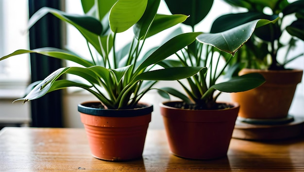 Tres plantas en maceta sobre una mesa, una de las cuales está etiquetada con el nombre de la planta.