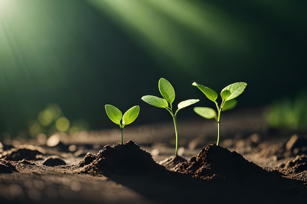 Tres plantas que crecen en la tierra con el sol brillando a través de ellas