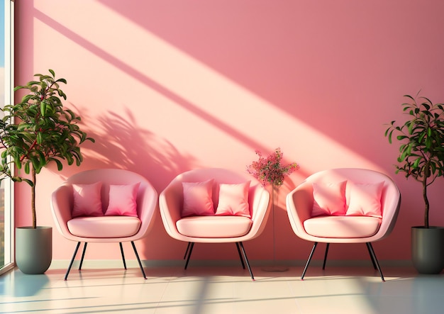 Tres plantas de sillas blancas y un jarrón en una habitación con paredes de color rosa pálido