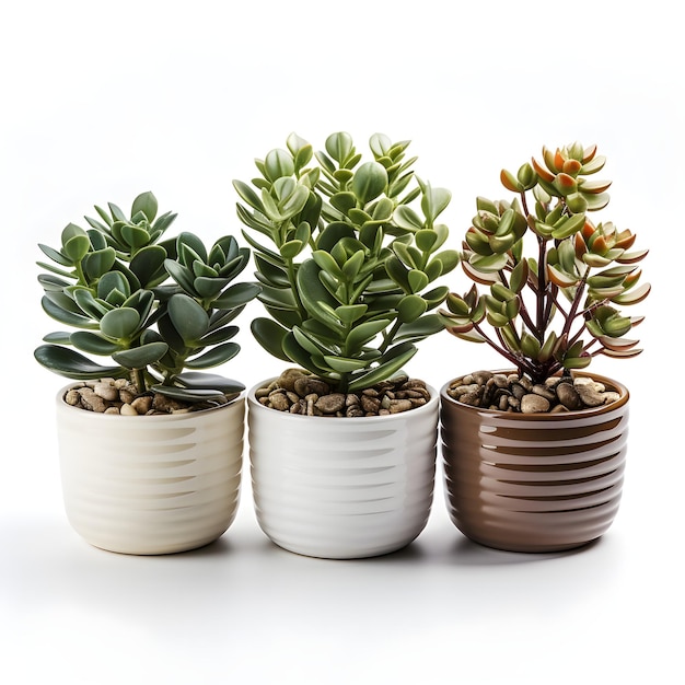 três plantas suculentas em vasos brancos com fundo branco