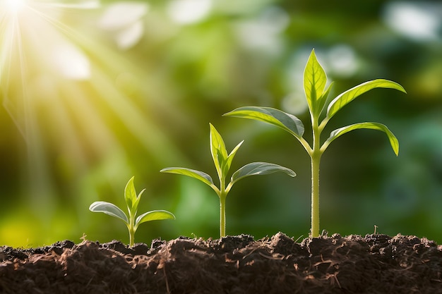 Três plantas vibrantes crescendo em ordem ascendente simbolizando o crescimento e a vitalidade no mundo natural