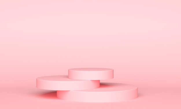 Três plataformas rosa ficam uma em cima da outra contra um fundo rosa. estilo minimalista, copie o espaço. renderização 3d