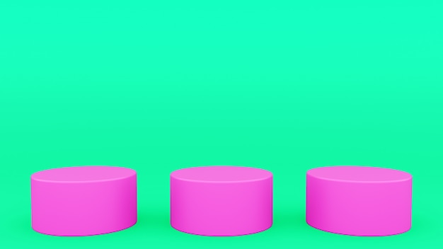 Três pódios cilíndricos cena verde e rosa mínimo 3d render moderno minimalista, vitrine vazia