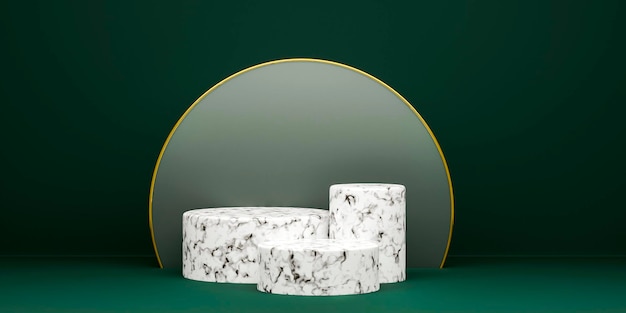Três pódios de mármore com moldura redonda dourada e vidro em fundo verde escuro renderização em 3D