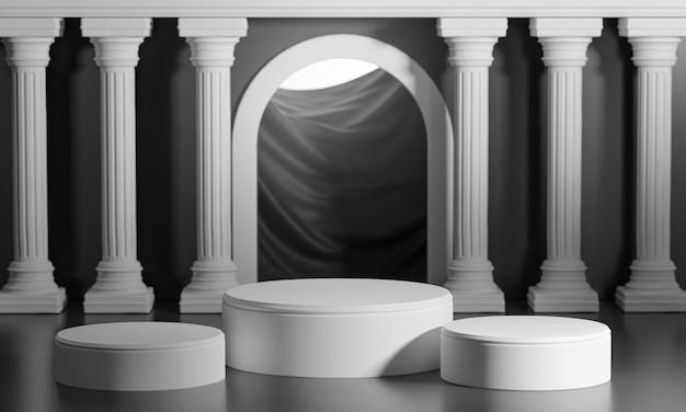 Tres podios Puerta negra brillante brillante Columna clásica Pilares Colonade Representación 3D