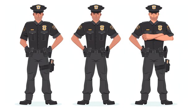 Tres policías con uniformes negros están de pie en una fila, todos llevan sombreros y tienen las manos juntas delante de ellos.