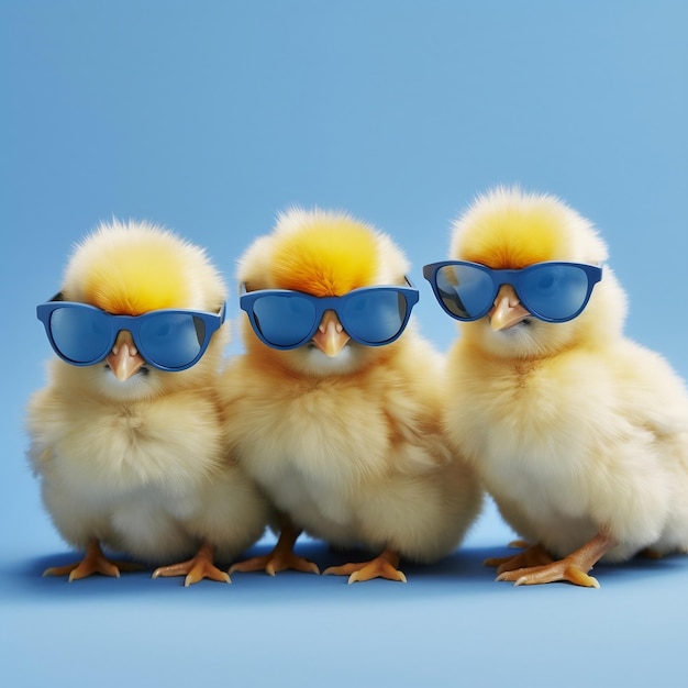 Tres pollitos amarillos con gafas de sol azules y una IA generativa Bang