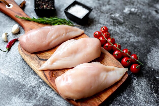 Foto tres pollos crudos en una tabla de madera con tomates y hierbas