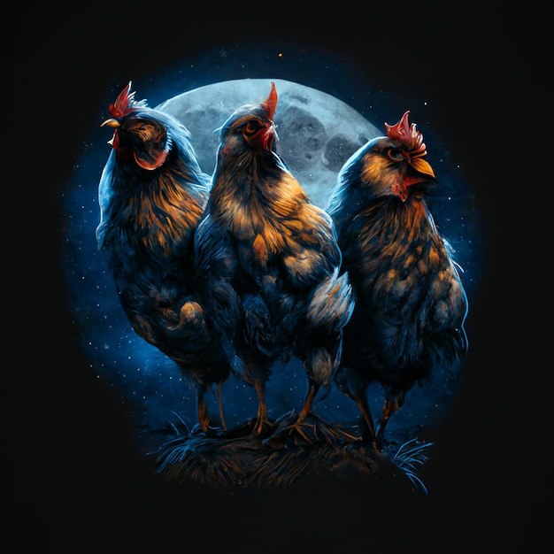 Foto tres pollos parados en una colina con una luna llena en el fondo ai generativo
