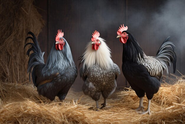 Tres pollos de pie en un granero