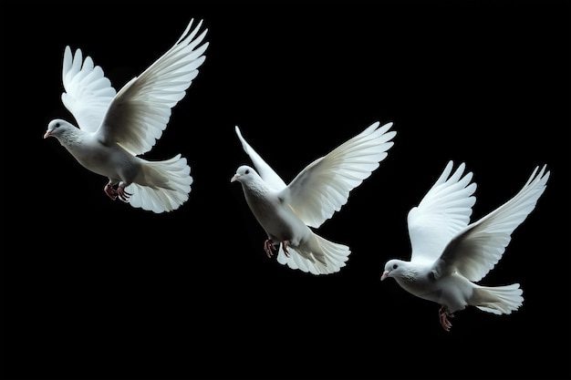 Foto três pombas brancas voando em fundo preto e o conceito de liberdade do caminho de corte e o dia internacional da paz.