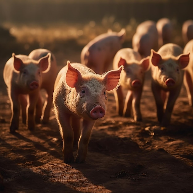 Foto três porcos estão andando em um campo com o número 18 nas costas