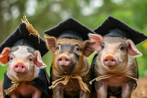 Três porcos vestindo bonés e vestidos de formatura