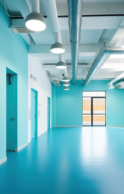 três portas azuis e brancas em um espaço de escritório vazio