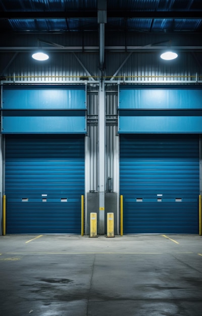 Três portas de garagem azuis são mostradas no meio do design industrial espacial