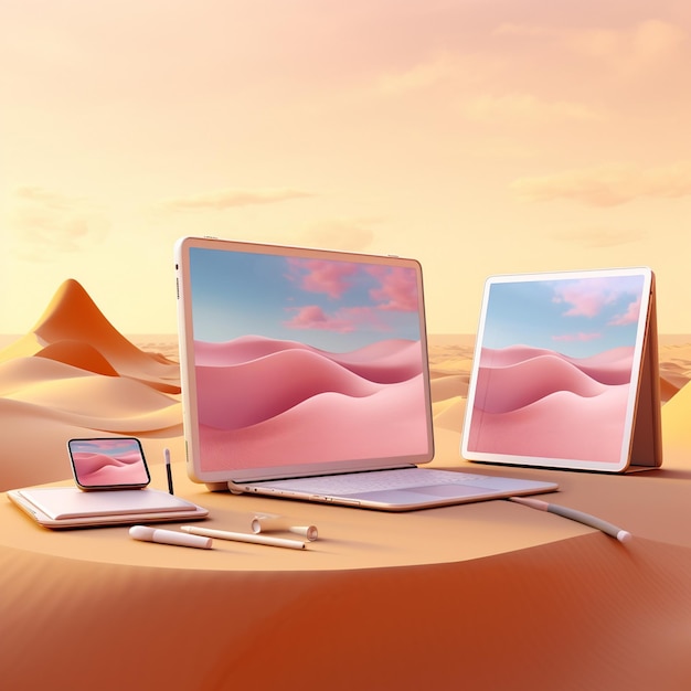 Três portáteis com um ecrã rosa e azul que diz dunas de areia.