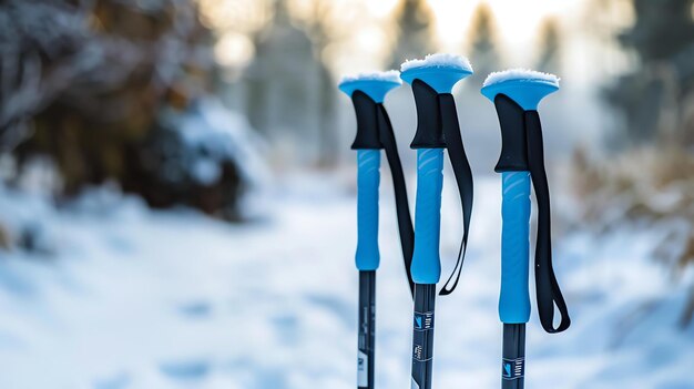 Foto tres postes de esquí azules y negros plantados en la nieve las puntas de los postes están cubiertas de nieve