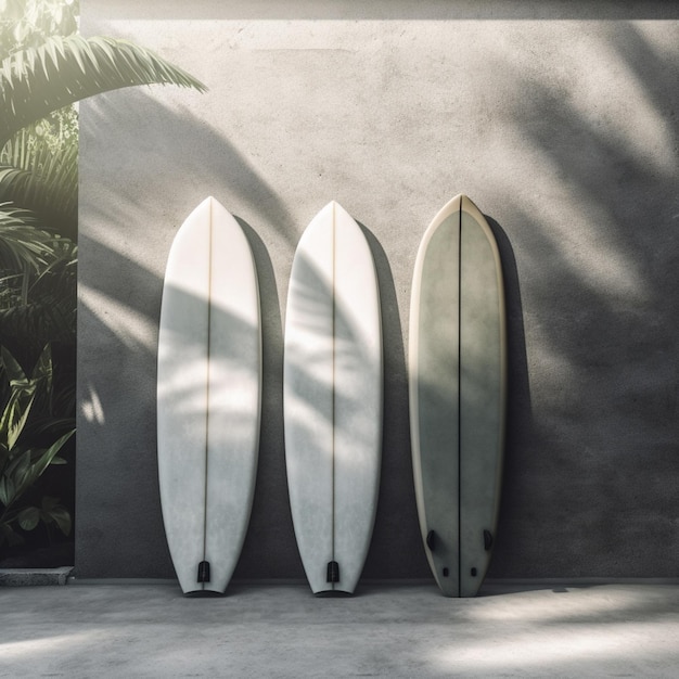 Três pranchas de surf encostadas a uma parede com uma planta ao fundo ai generativa