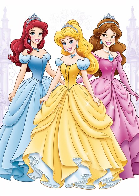 Foto três princesas em vestidos com tiables e tiables generativo ai