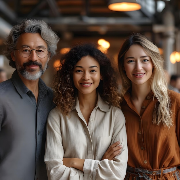 Três profissionais diversos sorrindo em um ambiente de escritório moderno