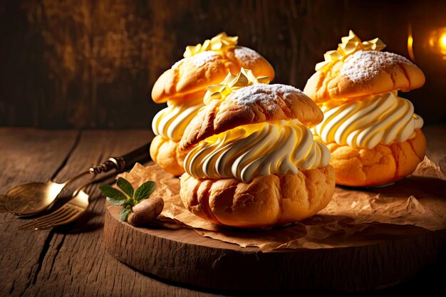 Três profiteroles com chantilly polvilhado com açúcar de confeiteiro na tábua de madeira com garfo e colher