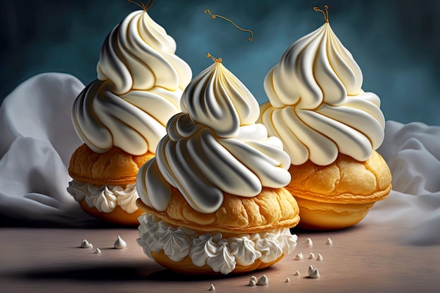 Três profiteroles com creme de ar com véu branco ao fundo