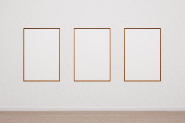 Foto três quadros de madeira vazios para uma foto ou imagem em uma parede branca mockup pinturas cartazes fotografias modelo de projeto para renderização 3d de layout
