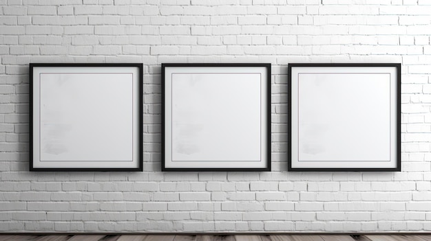 Foto três quadros horizontais profissionais mockup set em parede de tijolos brancos quadro de imagem em branco com