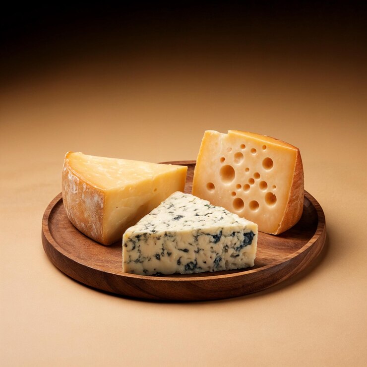 Tres quesos diferentes en un plato de madera