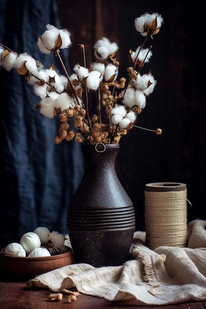 Tres ramas flores secas flor de algodón blanco sobre mesa rústica de madera IA generativa