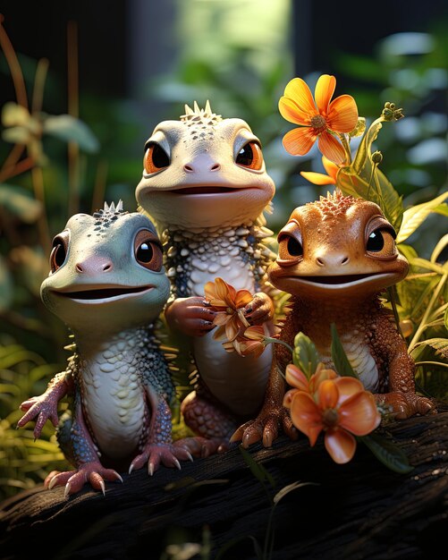 Foto tres ranas con flores y una tiene una flor en el medio