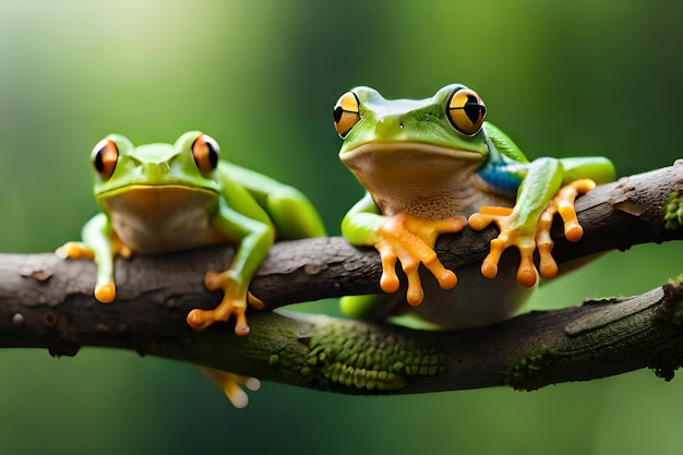 Foto tres ranas en una rama con ojos verdes.