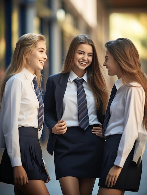 Foto três raparigas com uniformes escolares e uma com uma gravata azul.