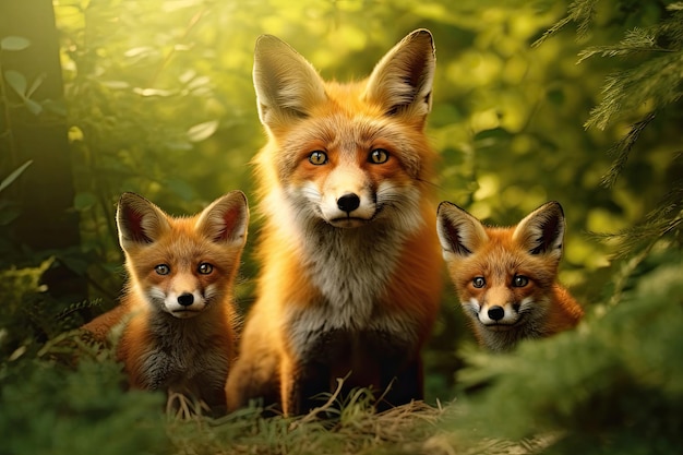 Três raposas vermelhas na floresta de verão IA generativa