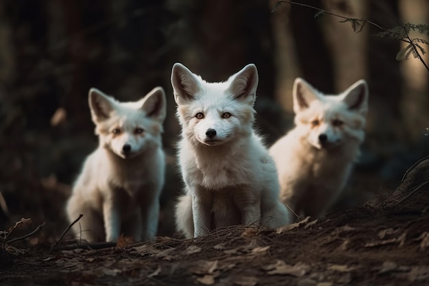 Três raposinhas brancas fofas de frente para a câmera Generative AI