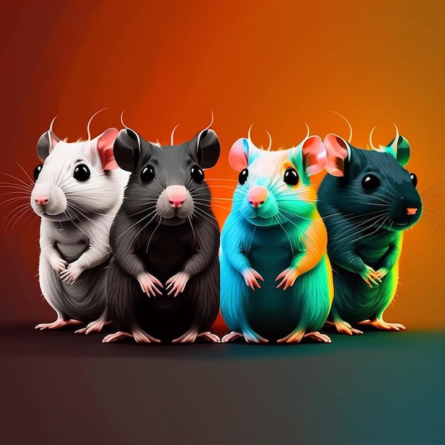 Tres ratas están sentadas sobre un fondo colorido.