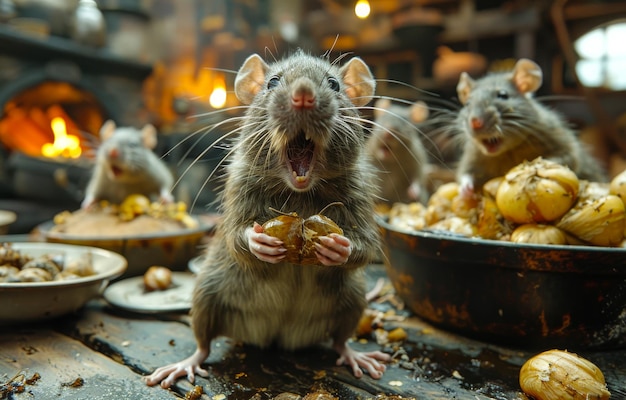 Tres ratas jóvenes están sentadas en la cocina El concepto de control de roedores en el apartamento