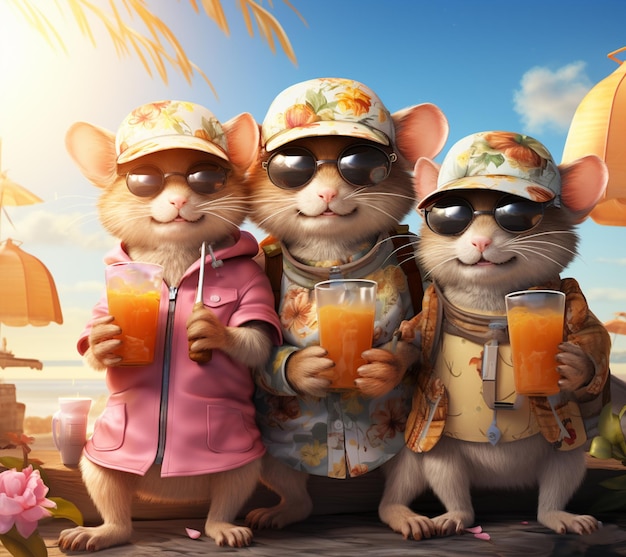 três ratos usando óculos escuros e chapéus estão segurando bebidas em uma doca geradora de IA